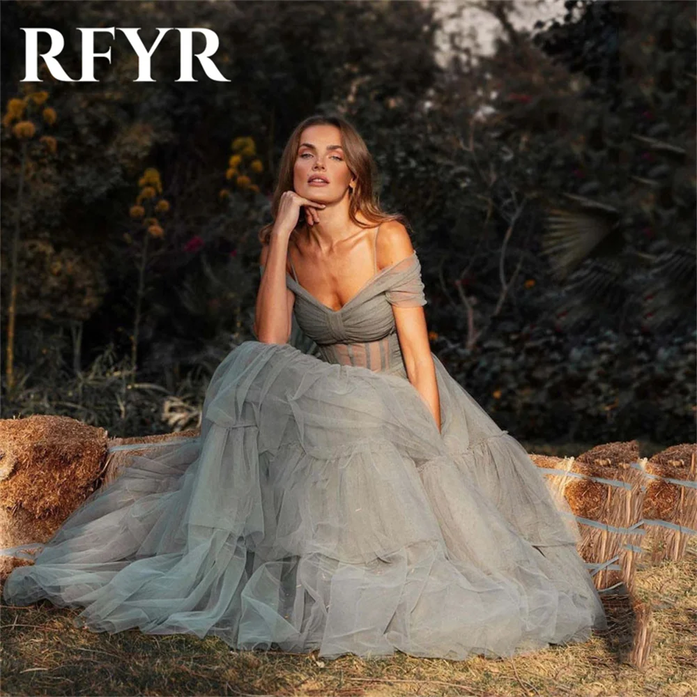 RFYR Elegant Gray Ivory Prom Dress Off The Shoulder Tiered Evening Dress Soft Tulle Party Dress Cake Layered Princess 프롬드레스