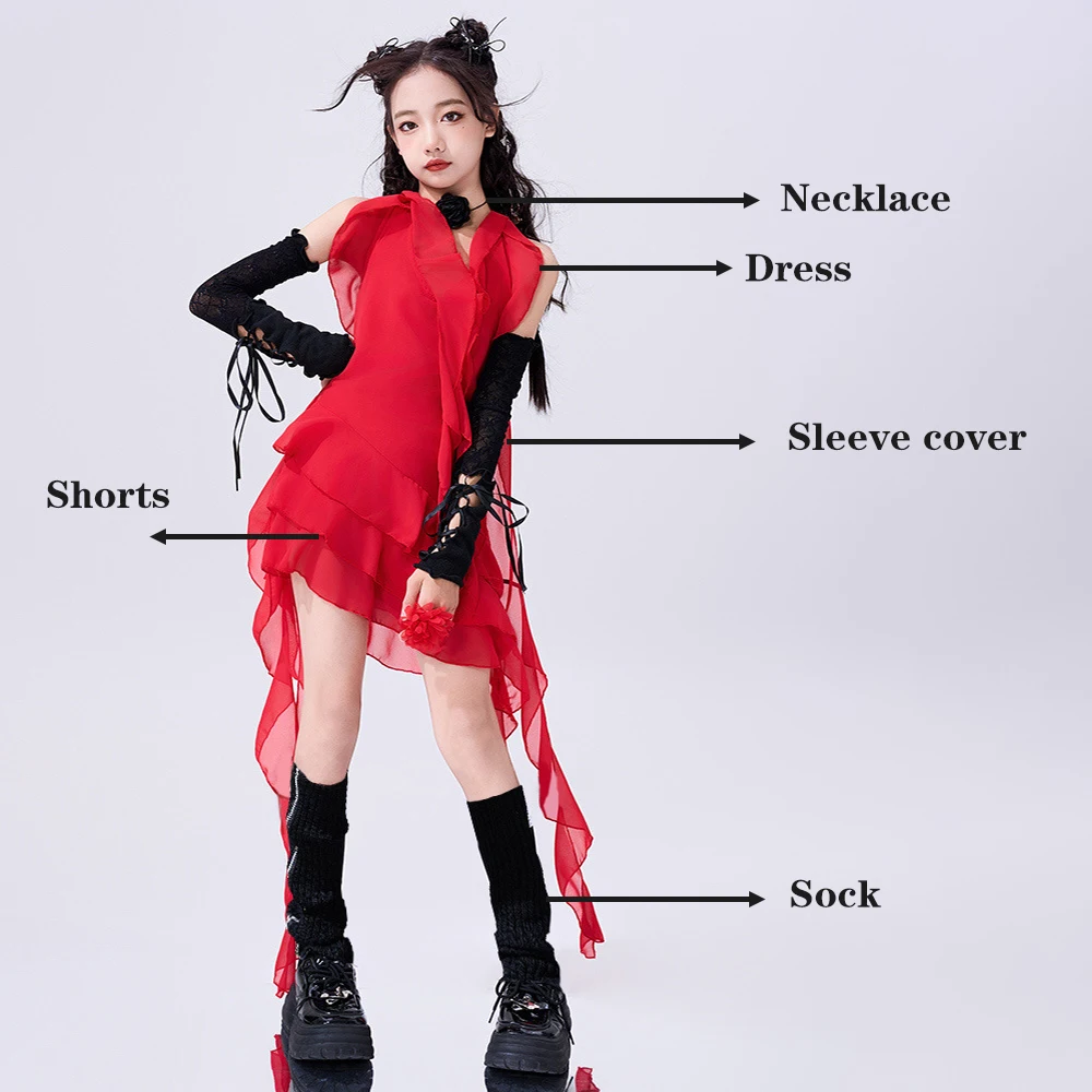 New Red Ribbon Dress Jazz Dance Clothes Street Dance Hip Hop For Girls Dress Suit Performance Music Festival Catwalk Outfits