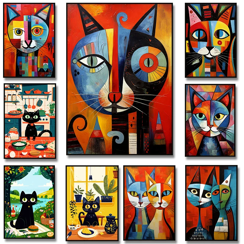 Abstraktes Katzen-Poster im Picasso-Stil, bunte schwarze Katze, Frühstückskunst, moderne Wand für Wohnzimmer, Schlafzimmer, Küche, Zuhause