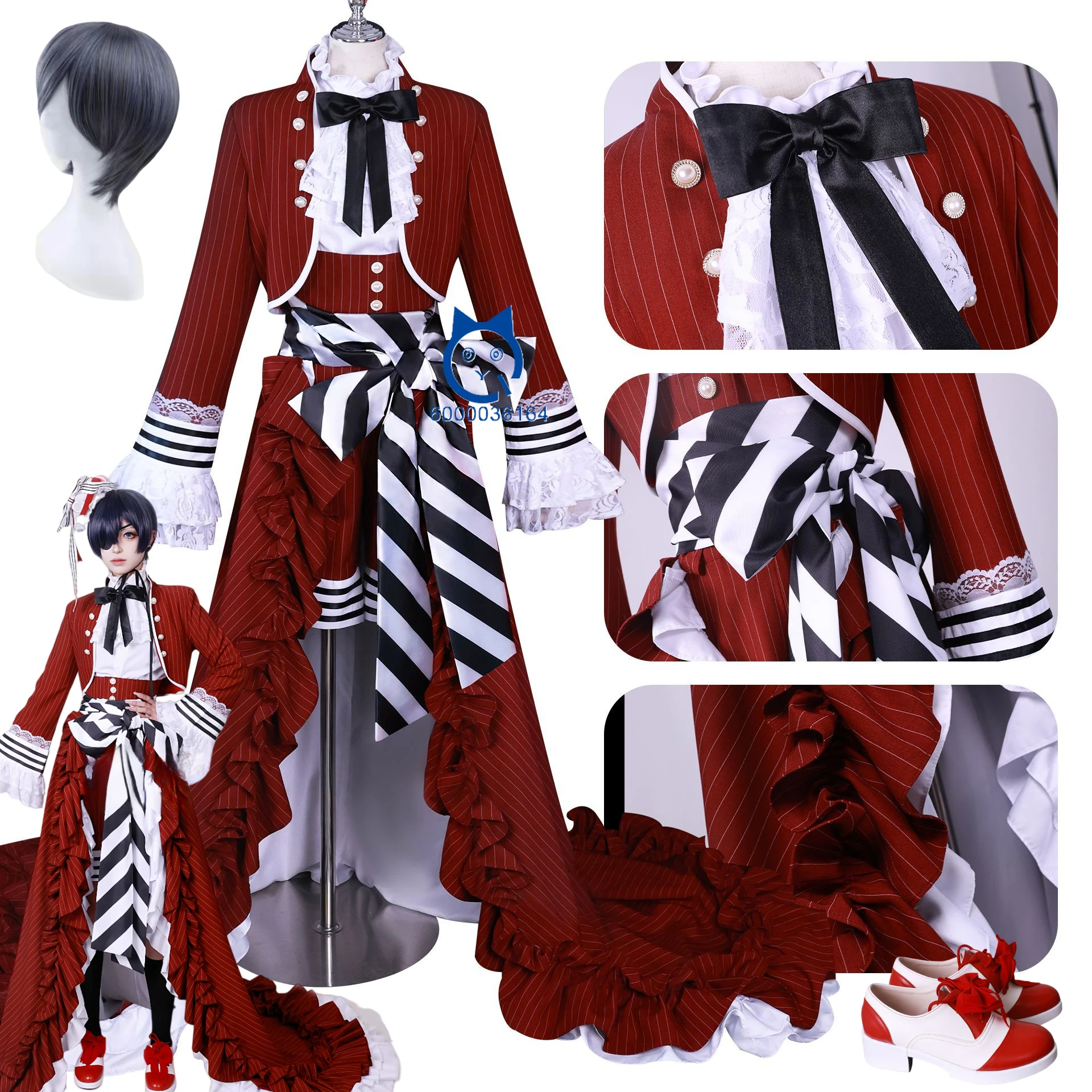 

InStock Hot Ciel Black Tea Cup Cosplay Costume Butler Victorian-style Gown Red Gothic Lolita Long Dress Set Wig Halloween Coser
