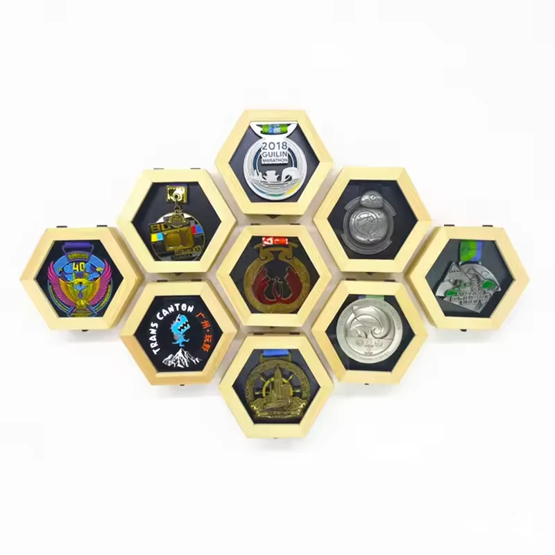 1-10Pcs Wooden Medal Display Racks Hexagonal Honeycomb Combination Medal Storage Box Honor Commemorative Display Home Wall Decor