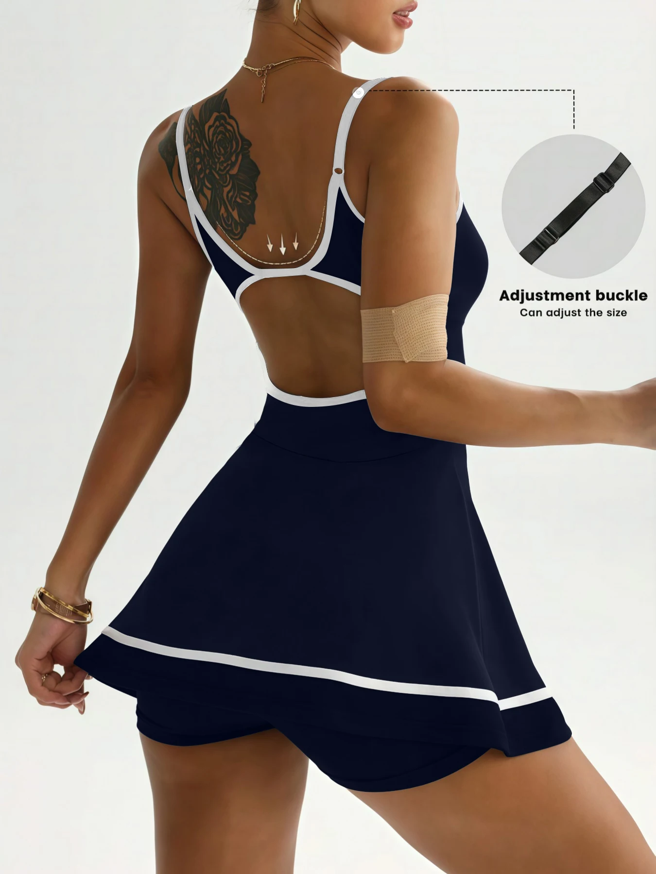 Damen Zwei-in-Eins Tennisrock mit Verstellbaren Trägern, Eingebauten Shorts, Bauchkontrolle, für Golf, Yoga, Fitness, Lässiger Kurzrock – Detail 1
