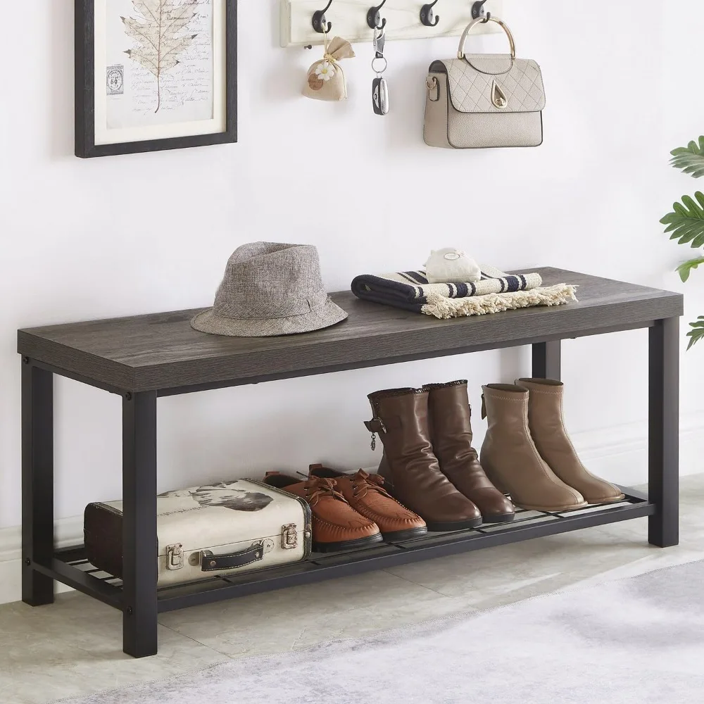 

Скамейка для прихожей EXCEFUR, промышленная скамейка для хранения из металла и дерева для гостиной, сиденье для внутренней полки для обуви, 43,3 дюйма, серый цвет