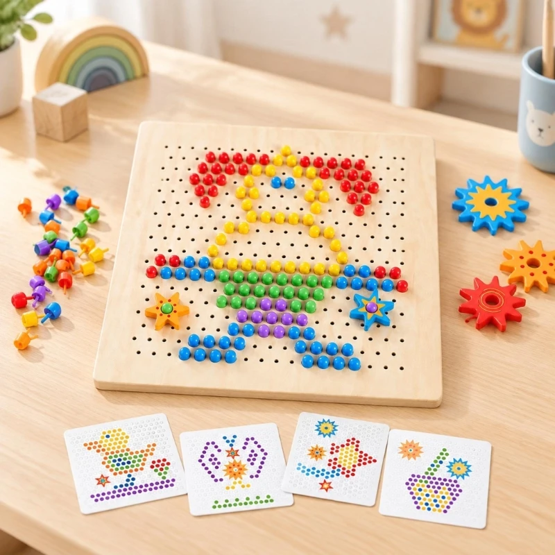 木製ペグボードパズルと歯車組み立て玩具、2つのプレイモード、連動動作、15ub用の工具不要の手組み立て機能付き