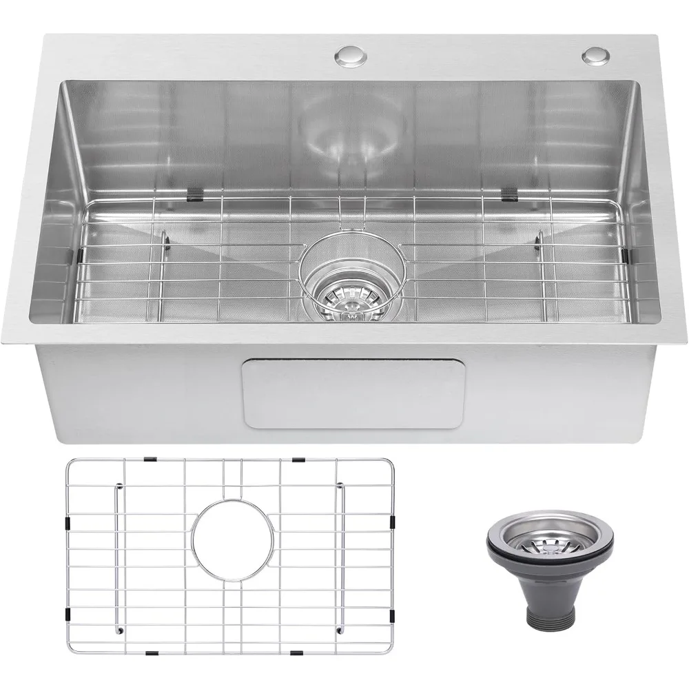 جودة عالية - قطرة في حوض المطبخ 28 × 18 بوصة، 9 بوصة عمق الحوض، 18 مقياس حوض من الفولاذ المقاوم للصدأ، حامل علوي بلمسة نهائية منقوشة ثلاثية الأبعاد #1