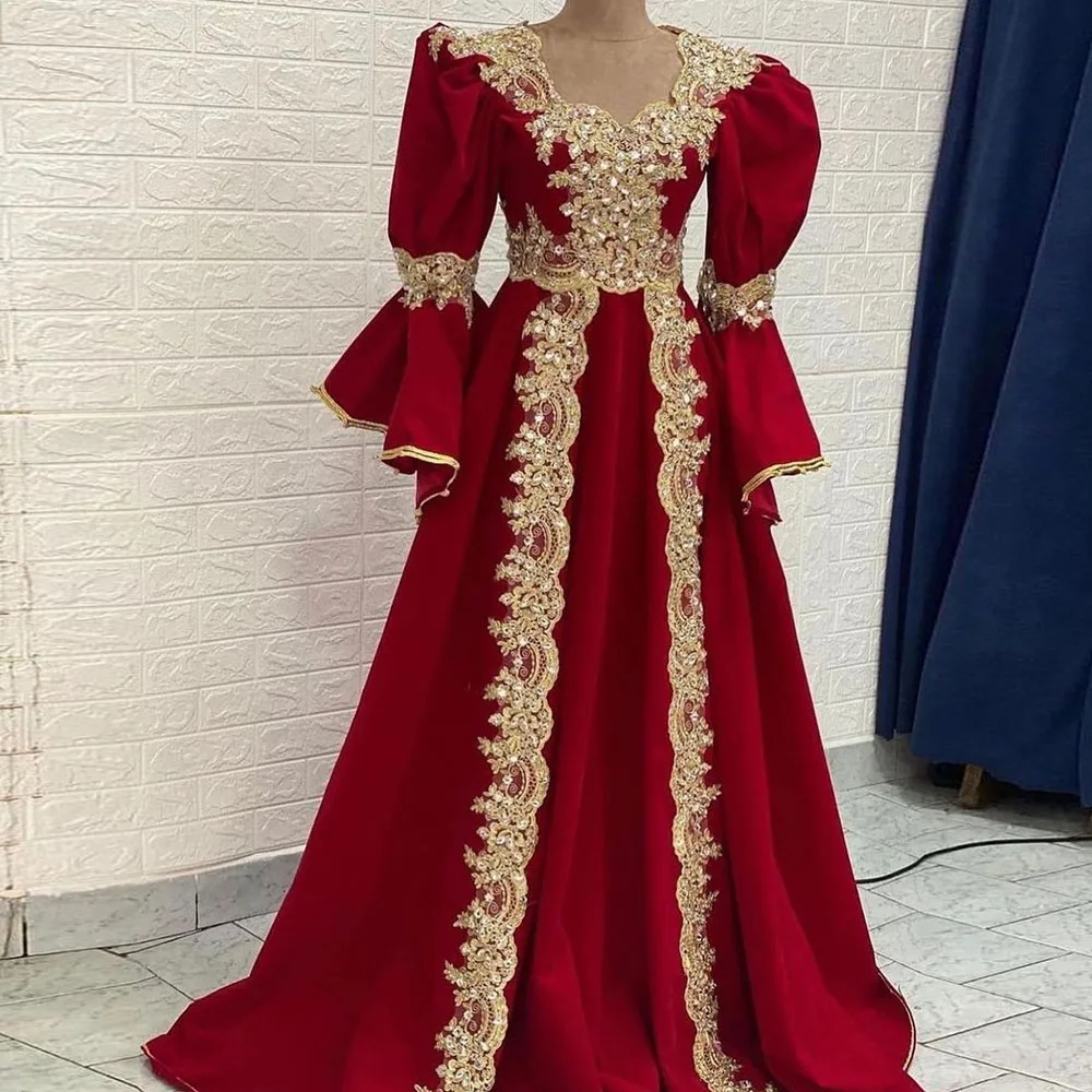 Traditional Kosovo Red Evening Dresses For Women Party Gowns Gold Appliqued Prom Dress Vestidos De La Celebridad