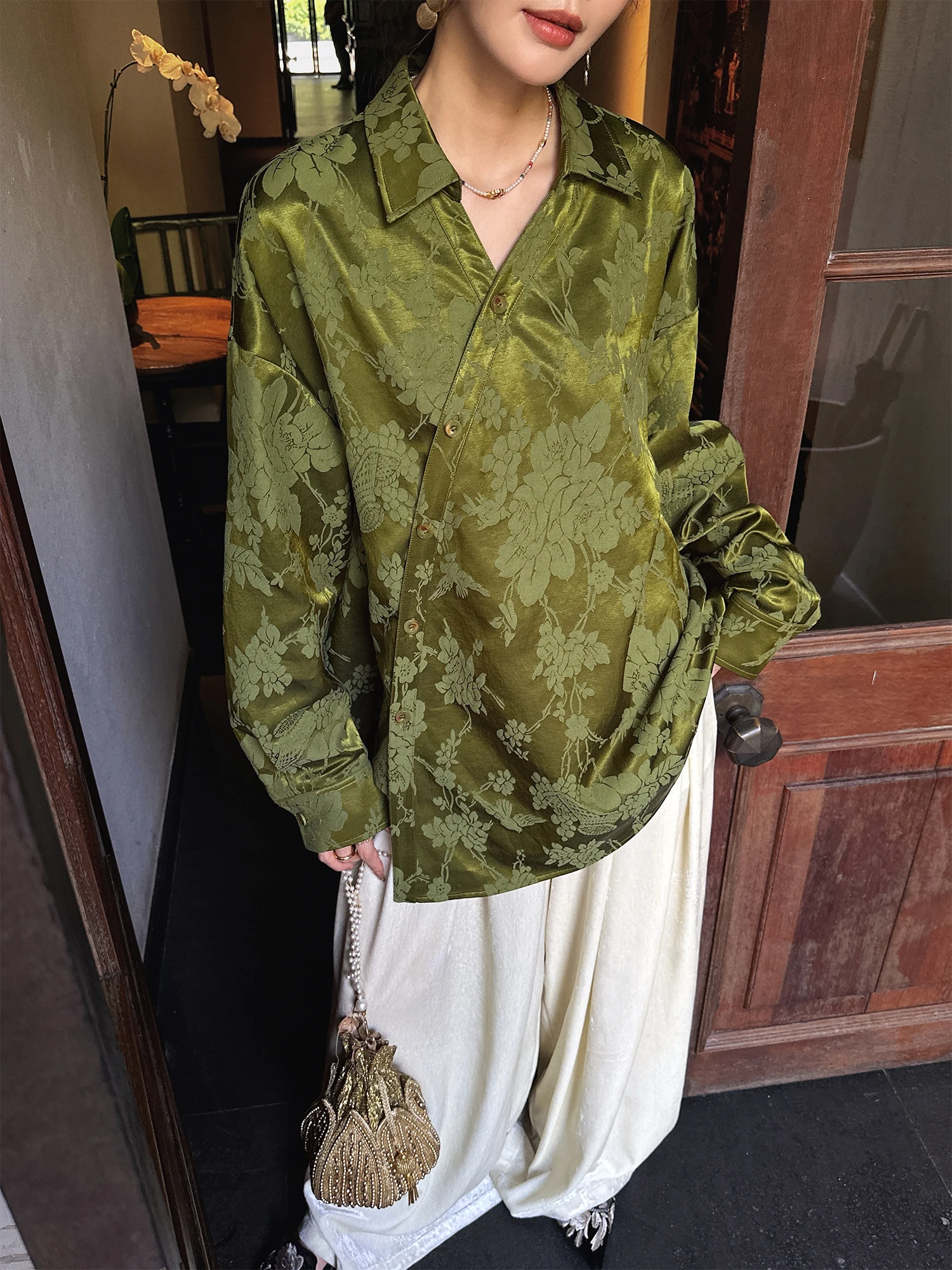 

Sanji Bla Flower Early Autumn Chinese Sle Silk Embroidery irt Slanting Sve High End Age Reduction Trendy Women's Blouse