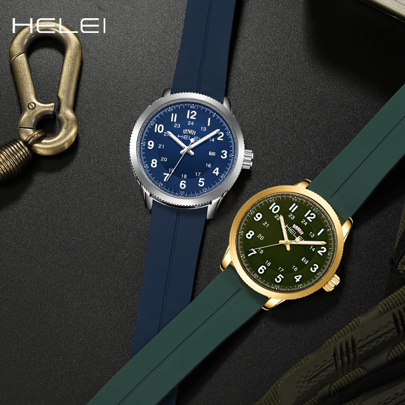 HELEI Fashion new sports casual quartz watch date luminous silicone luminous strap men's wristwatch