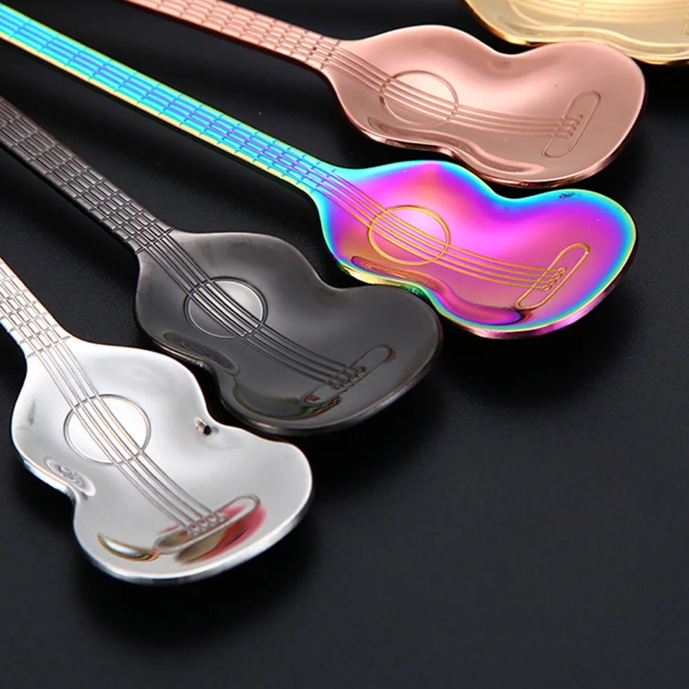 

5pcs Creative Guitar Spoon Stainless Steel Chic Dessert Coffee Cake Spoon Fine Workmanship Corrosion Resistant Multi