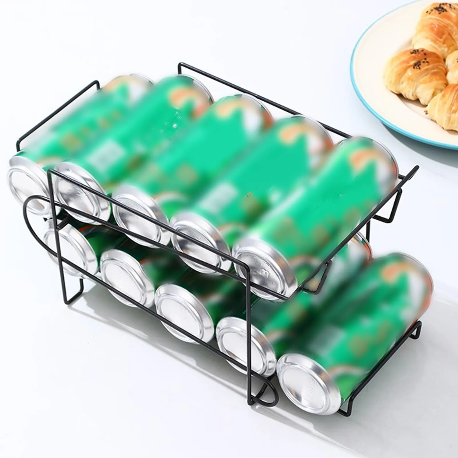 

1Pcs Rolling Beverage Rack Double-Layer Fridge Storage Holder for Drink Organization Kitchen Pantry Cabinet Use Black