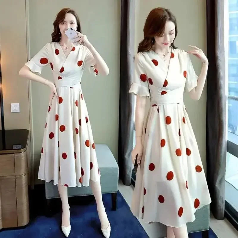 Women's Casual Chiffon Party Dress Short Sleeve T Shirt 2025 Summer New Korean Style Office Polka Dot Dresse for Women Clothing