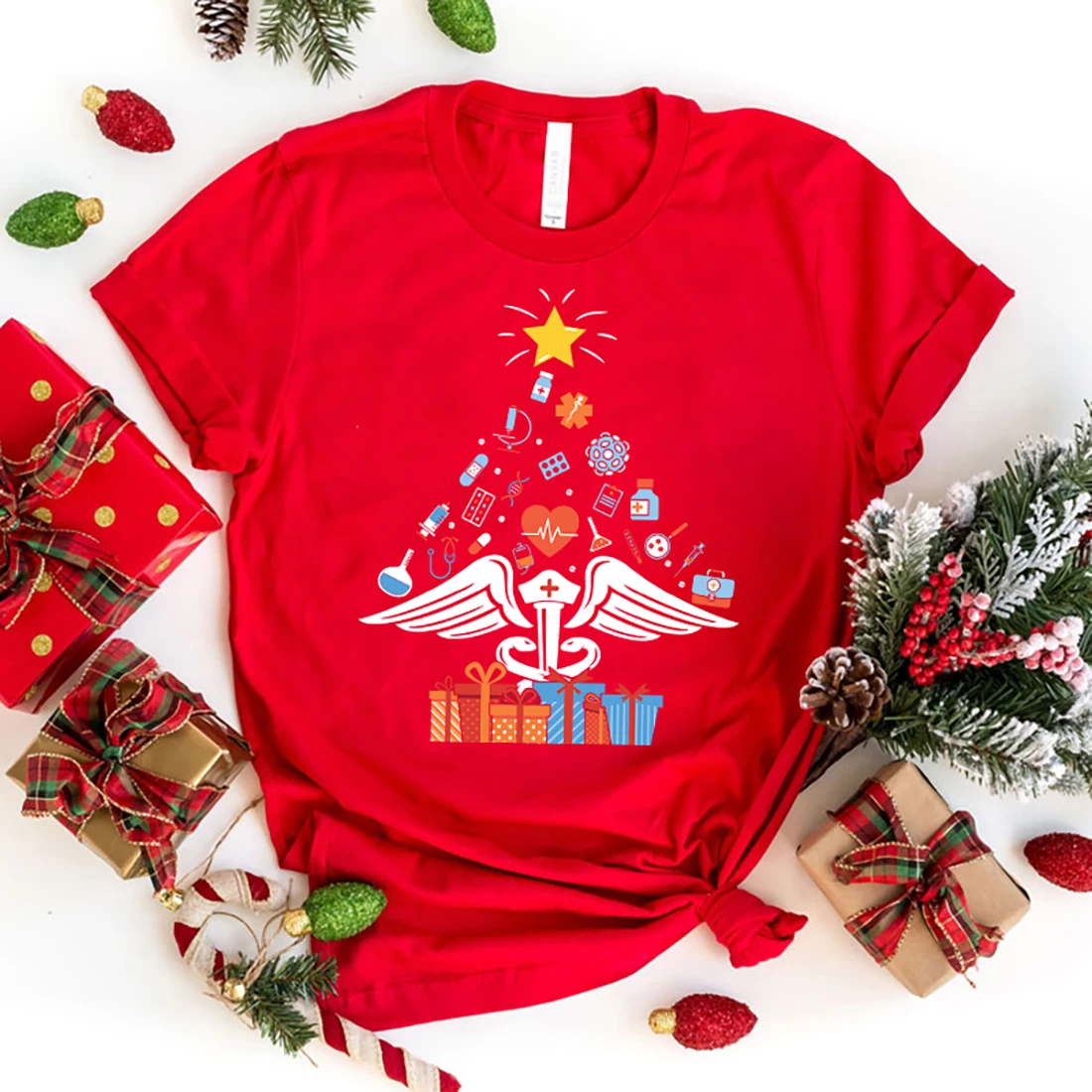 Fashion Christmas Nurse Tree Print T-Shirt Casual Short Sleeve Graphic Tee Shirt Unisex Loose Harajuku T Shirt Tops