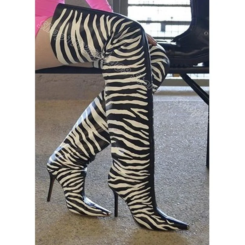 

Zebra Stripe Stiletto Over Knee Boots Pointed Toe British Style Spring New Stylish Casual Dress Boots 2024 Zapatos Para Mujere