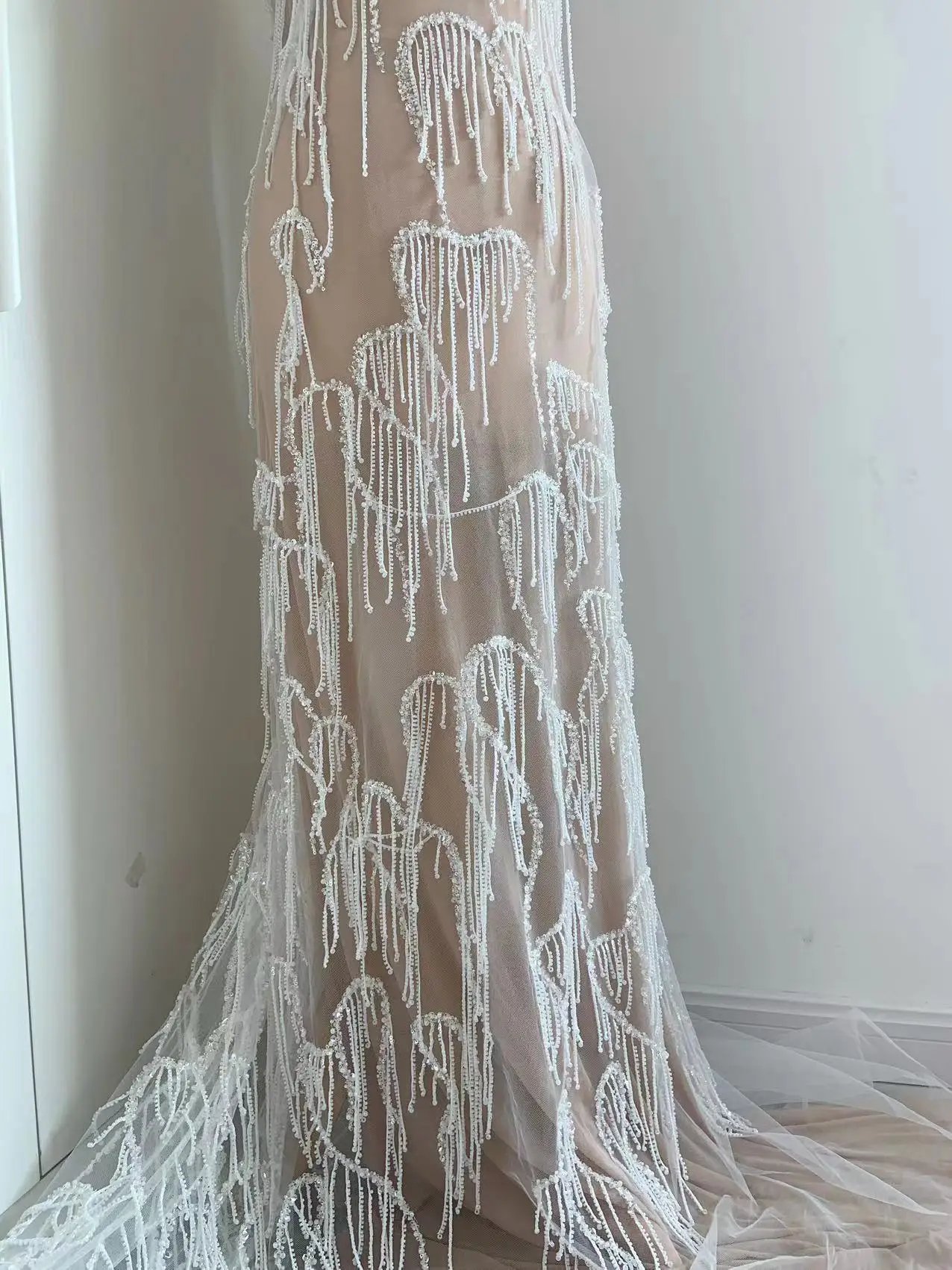 

1 Yard Off White Sequined Tassel Tulle Lace Fabric Fringe Seed Beads for Ball Gown,Party Costume,Wedding Dress