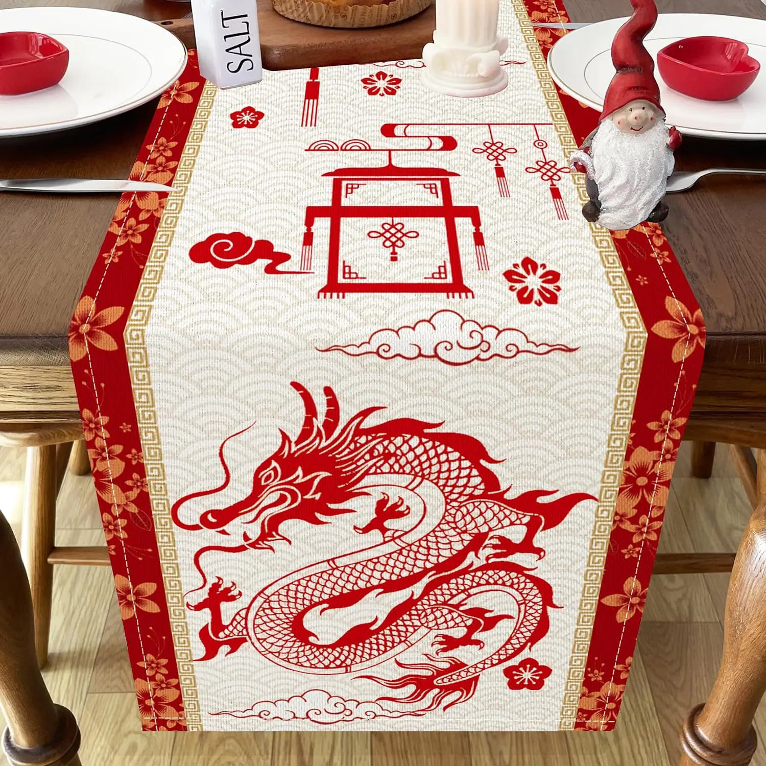 Spring Festival Year of Dragon Linen Table Runner Happy Chinese New Year 2024 Holiday Party Home Kitchen Dining Table Decoration