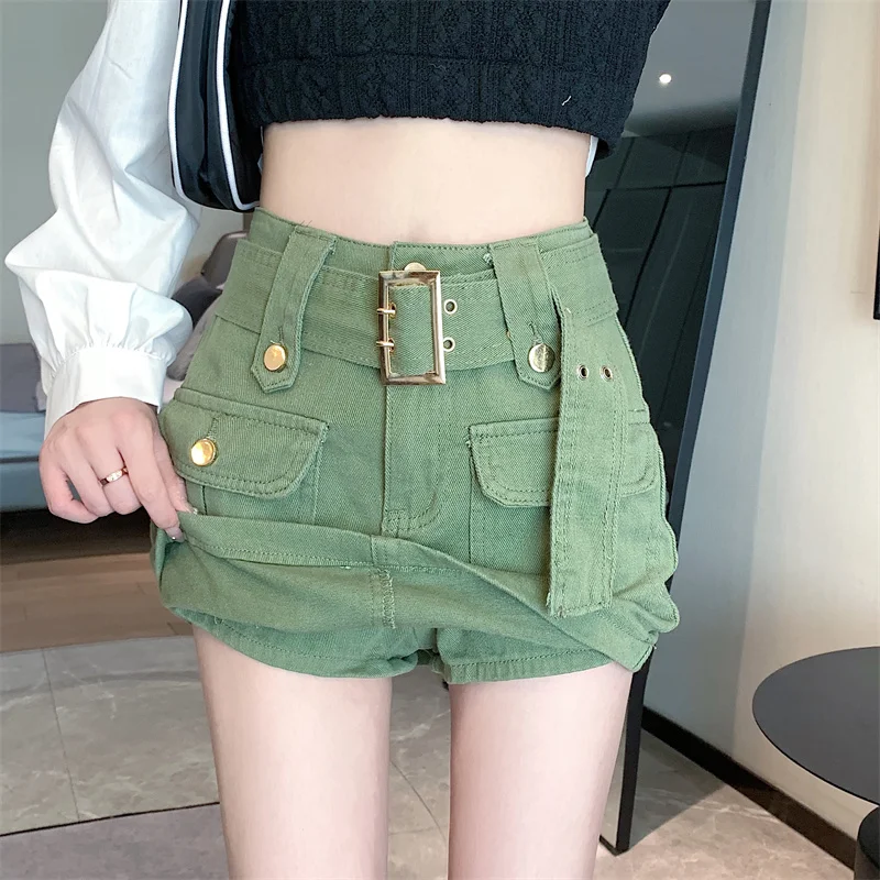 2024 Koreaanse Stijl Hoge Taille Mini Rok Vrouwen Mode Met Riem Korte Leger Groene Rokken Y 2K Streetwear Grote Zak Cargo Rokken