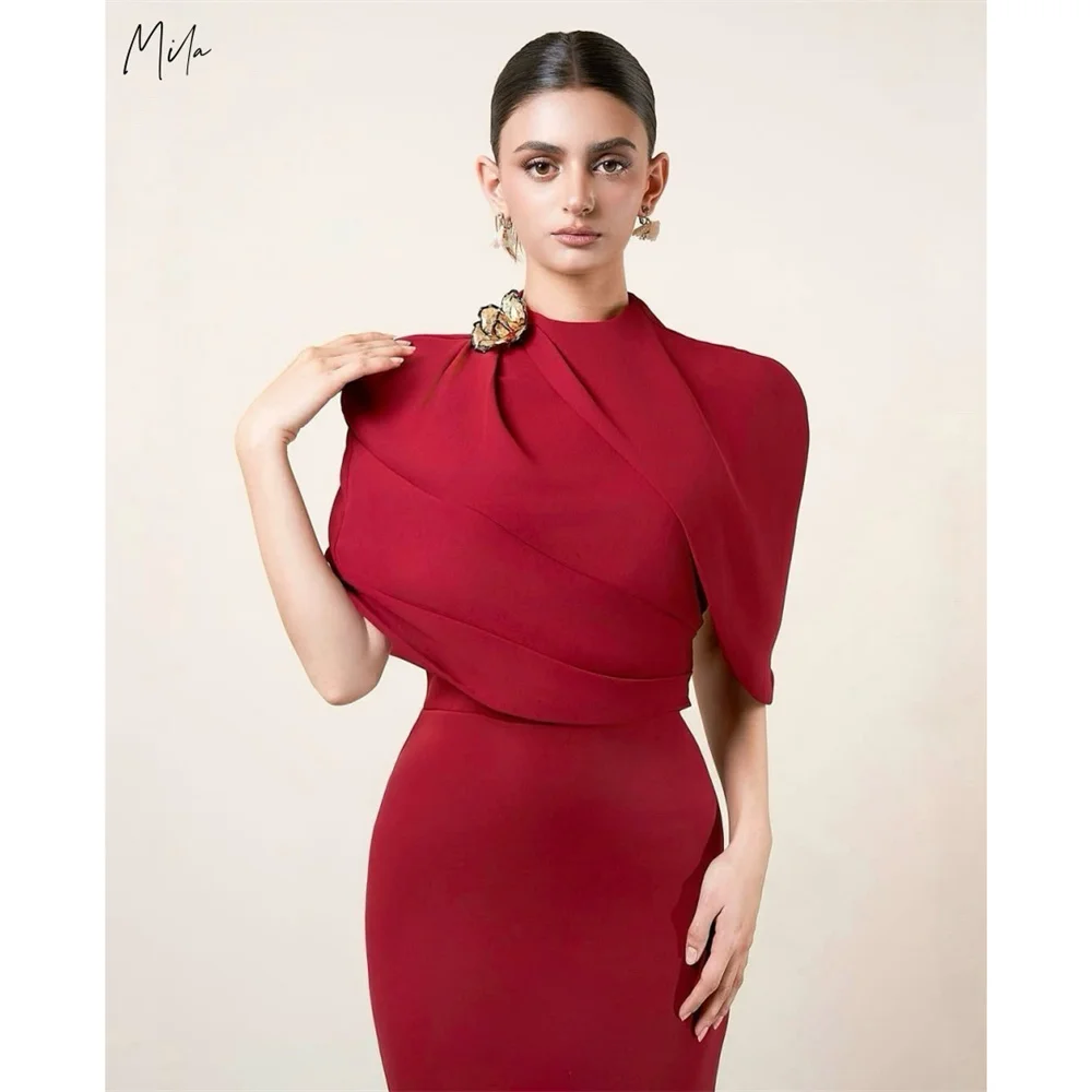 Mila Burgundy Shawl Prom Dresses High Neck Half-Sleeve Simple Customized Formal Evening Sheath Ankle-Length vestidos de fiesta