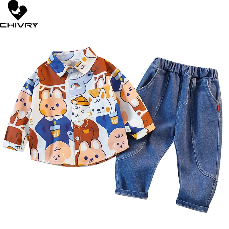 Neue 2023 Jungen Kleidung Sets Frühling Herbst Kinder Mode Cartoon Revers Shirts mit Jeans Baby Boy Casual Kleidung Zwei-stück Sets