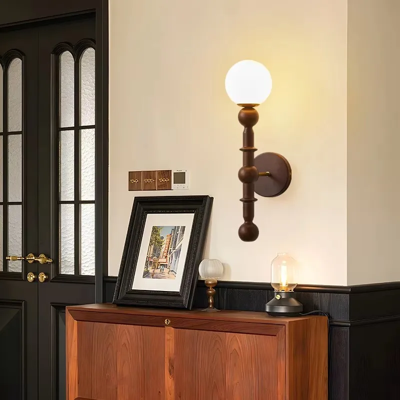 Decorative American vintage solid wood wall lamp with three-color wall switch control, suitable for bedside use in bedroom study