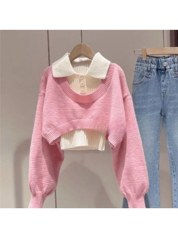 American Style Short  Neck Knitted Sweater Women's Two-Piece Set Spring Autumn New Arrival Small Size Design Sense
