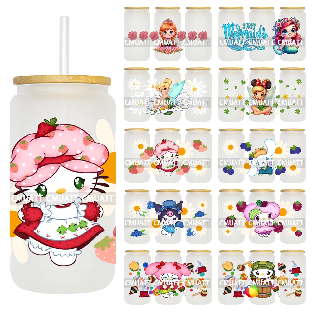 

Cute Cartoon Cat With Fruit 16OZ UV DTF Cup Wrap Transfer Sticker Custom Label DIY Durable Waterproof Logo For Libbey Glass Can