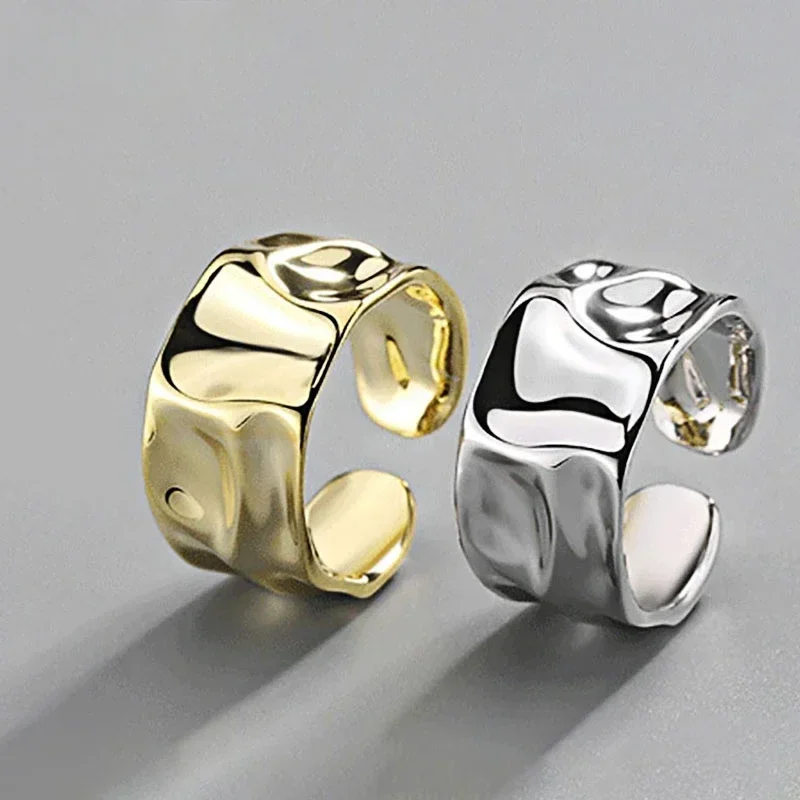 Irregular Metal Geometric Open Rings for Women Fashion Gold Silver Color Lava Pleated Wide Ring Party Temperament Jewelry Gifts