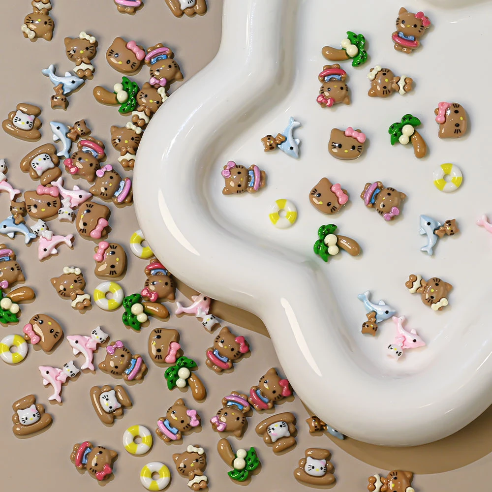 Breloques de bronzage Hello Kitty pour Nail Art, cocotier, cercle de natation, dauphin, Kawaii, décoration d'ongles, bricolage, bijoux d'été, 50 pièces/sac