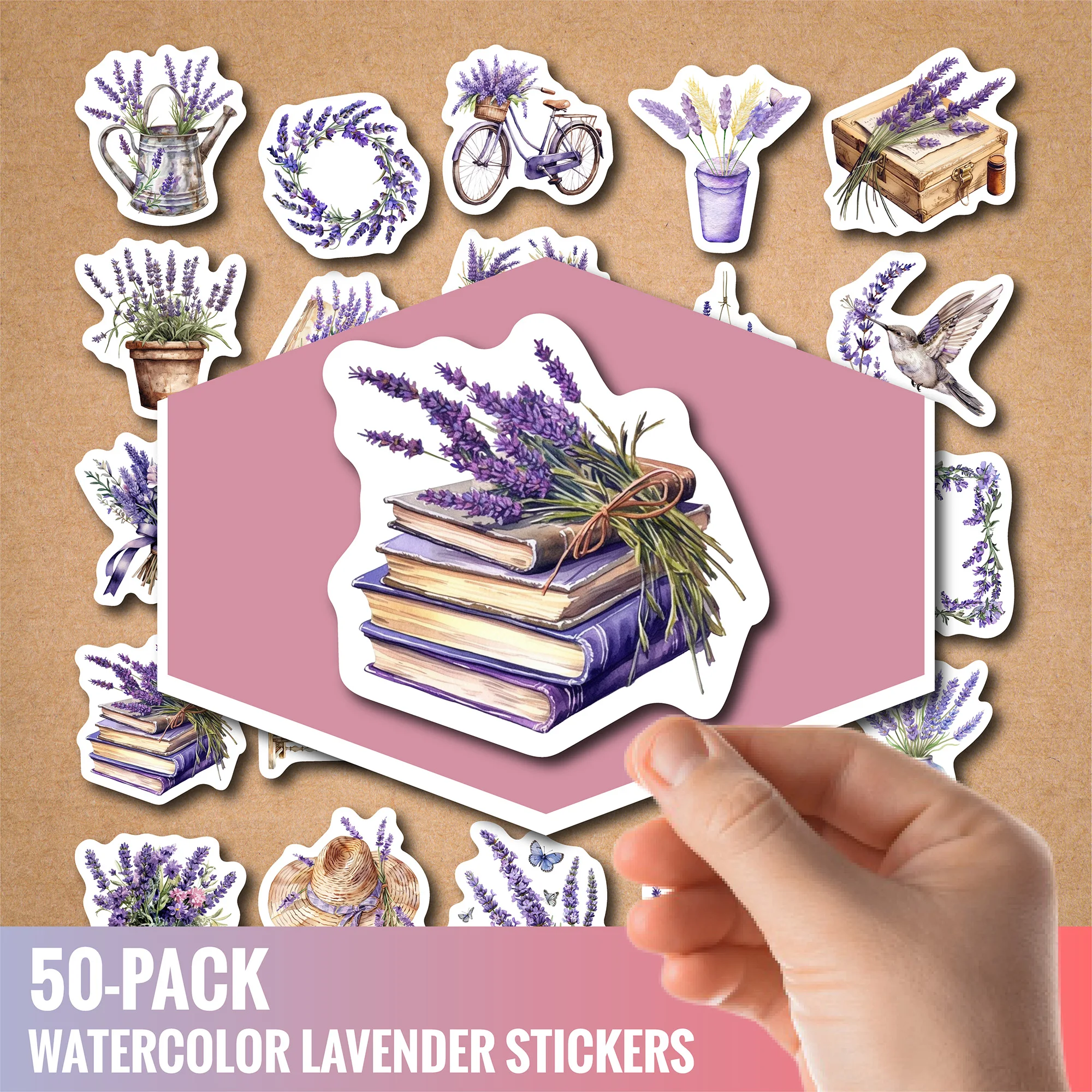 50 Pack Lavender Stickers – Synthetic Paper, Waterproof, Tear-Resistant, Reusable, UV Printed – for Journaling, Scrapbooking