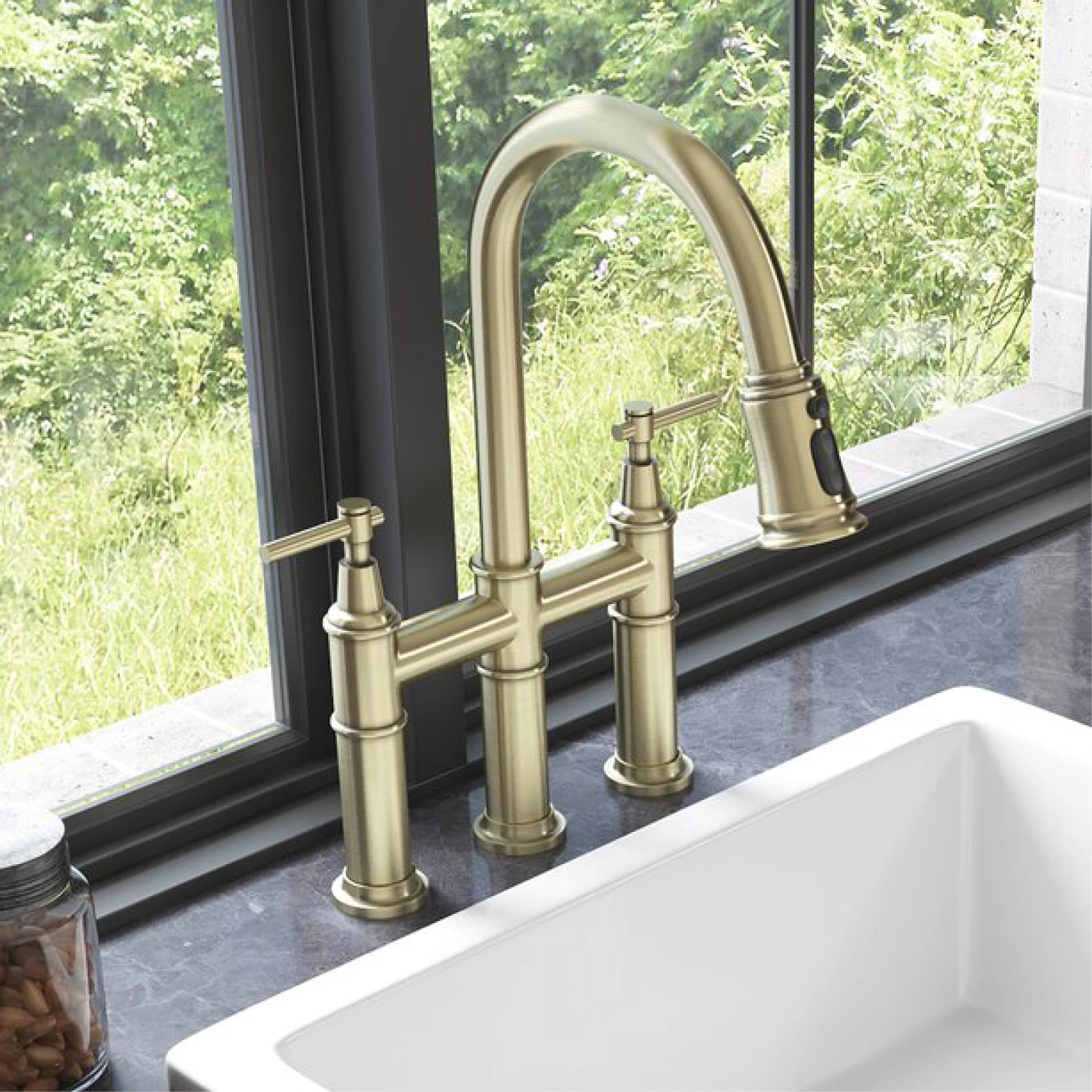 American black brass kitchen faucet 2-hole double handle cold and hot double control pull-out design three-function sink faucet