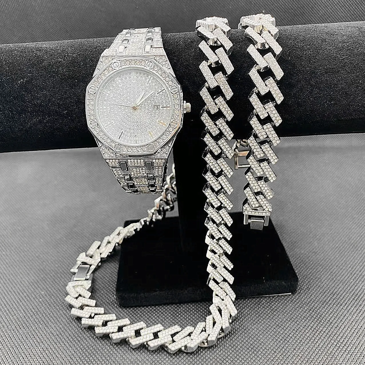 Luxury Mens Hip Hop Jewelry Iced Out Watch Necklace Bracelet Miama Cuban Chain Diamond Watch for Men Gold Watch Set dropshipping