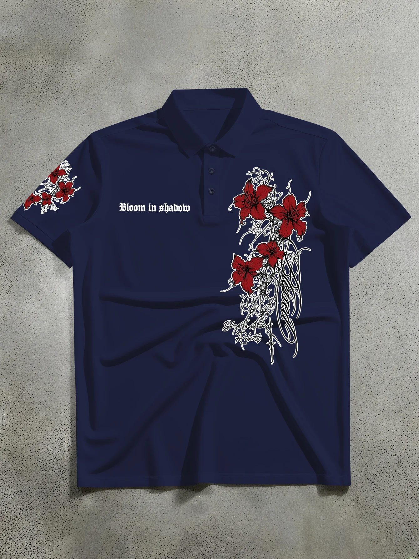 New unisex short sleeved polo shirt with American street style red flower image fused with dark font print polo