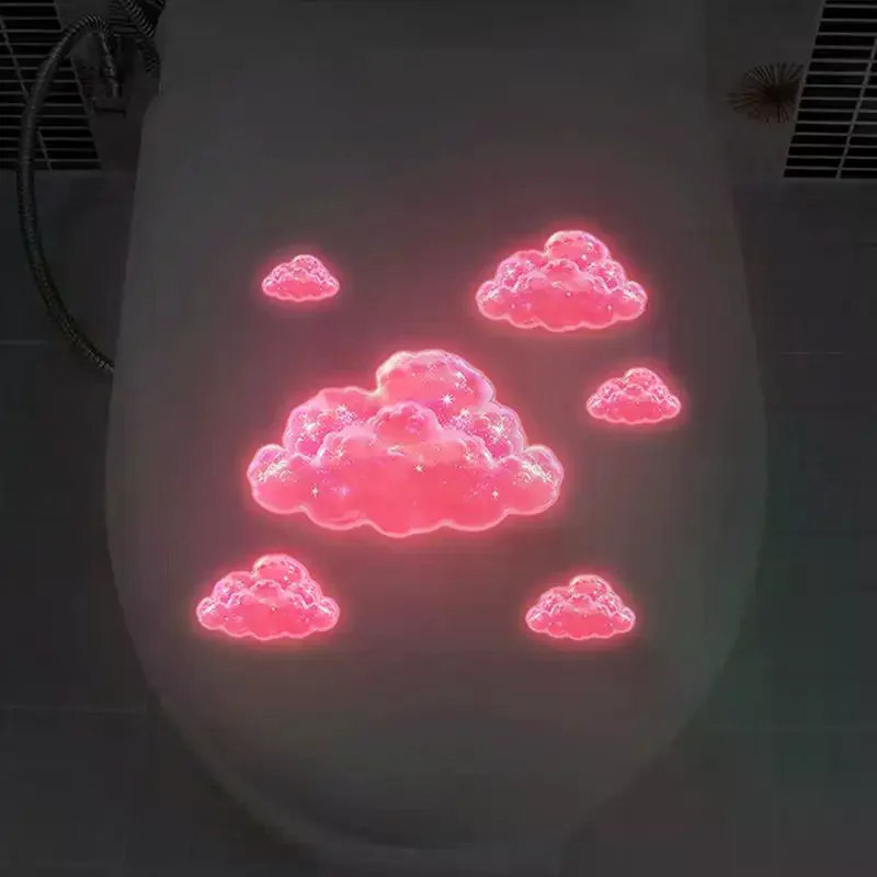 Glow-in-the-Dark Pink Clouds Toilet Sticker Self-Adhesive Removable Wall Decals Luminous Whimsical Home Decor Car Sticker