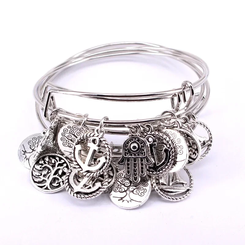 5pcs Bangle Set 4 Color Bracelets for Women Girls Jewelry Life Tree Hand Anchor Owl Charms Bangles Cuff Jewlery C048