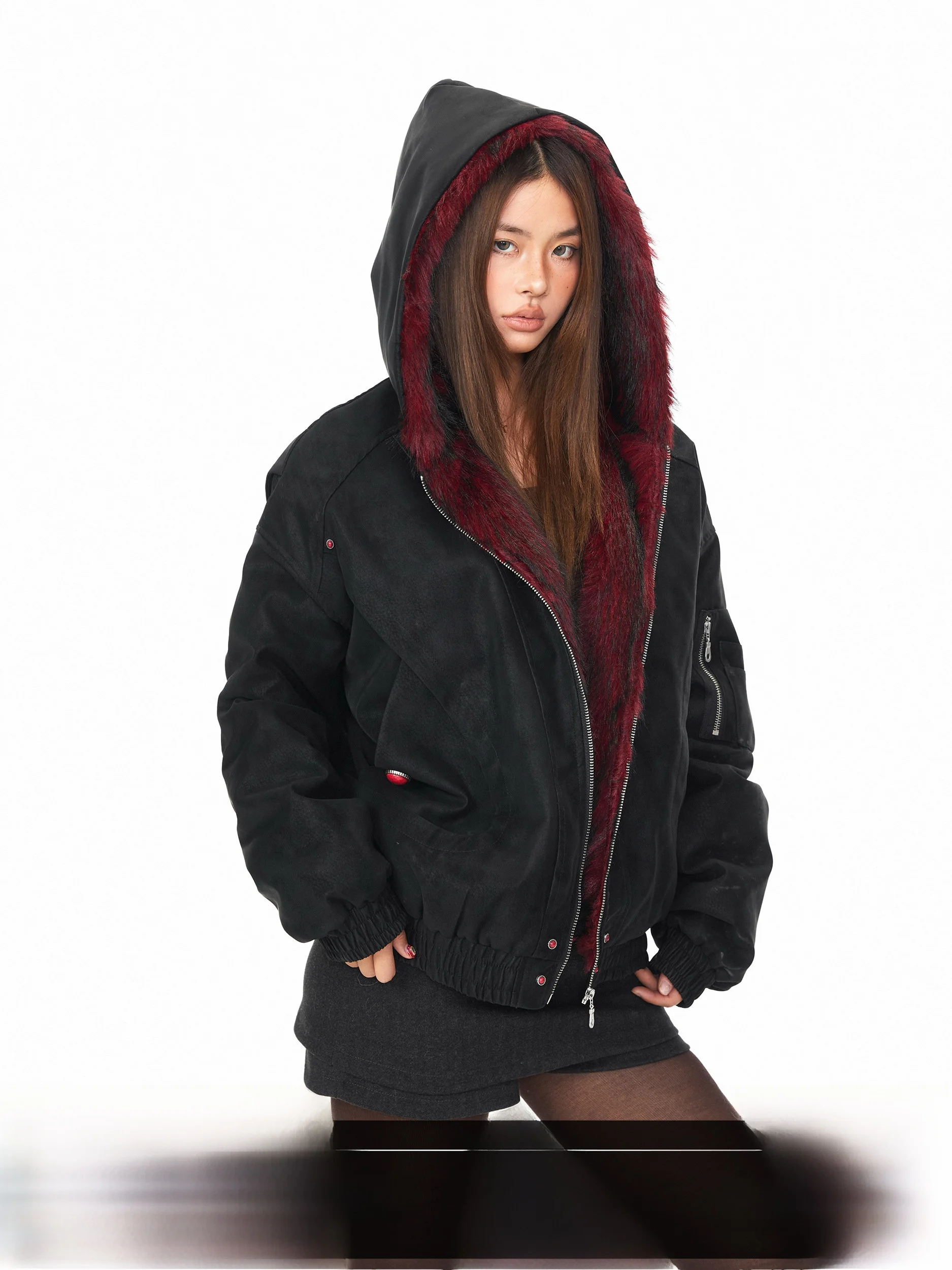 

Blackbb Thickened PU Leather Hooded Jacket Women's Winter Coat with Fur Collar Street Style Loose Fit Textured Design