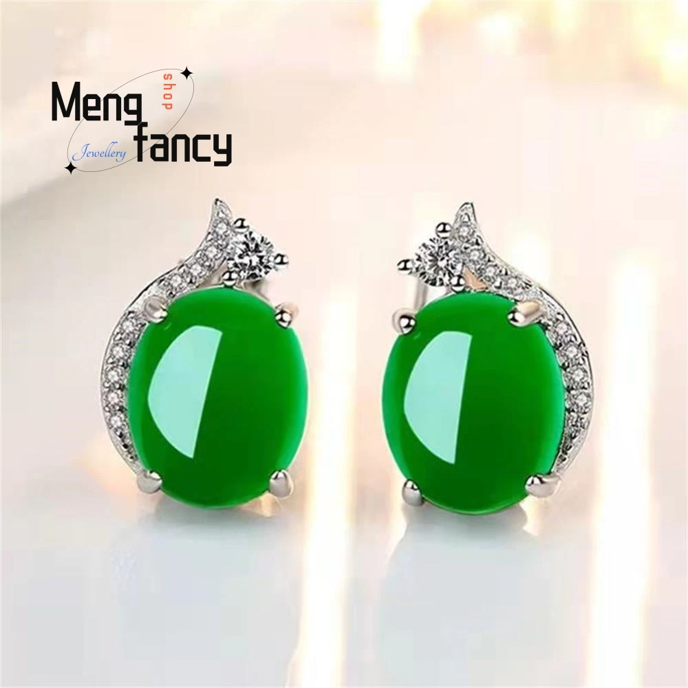 

Natural Green Jade Chalcedony Round Earrings 925 Silver Fashion Charms Jewelry Sexy Young Girls Statement Women Holiday Gifts