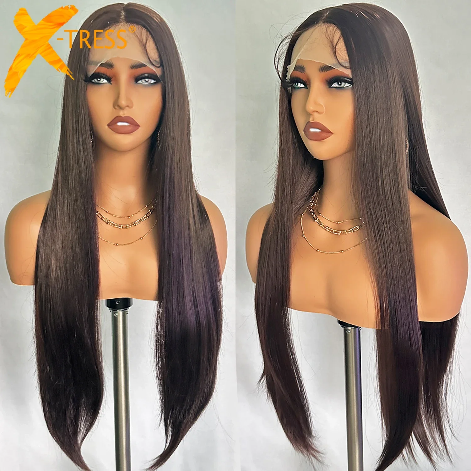 X-TRESS 32 Inch Lace Front Wigs Chocolate Brown Long Straight Silky Synthetic Lace Wig for Black Women with Baby Hair Daily Use