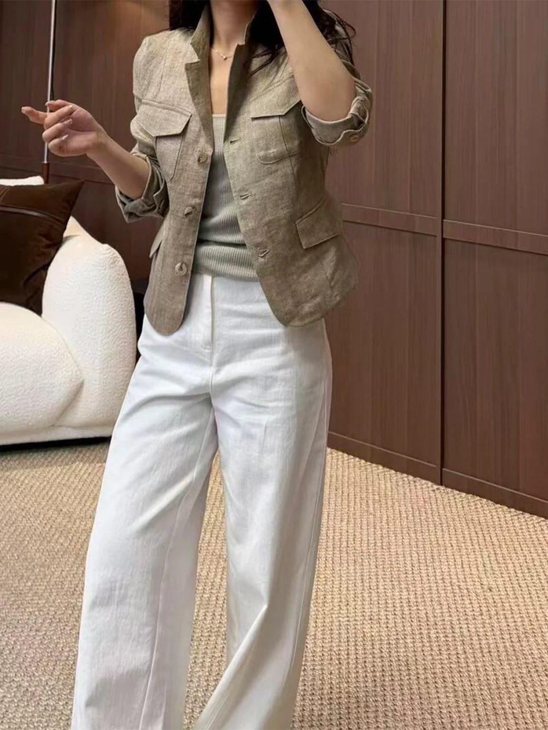 

Elegant Linen Suit Jacket Women's Summer Fashionable Turn-down Collar Thin Cotton Linen Sun Protection Short Outerwear