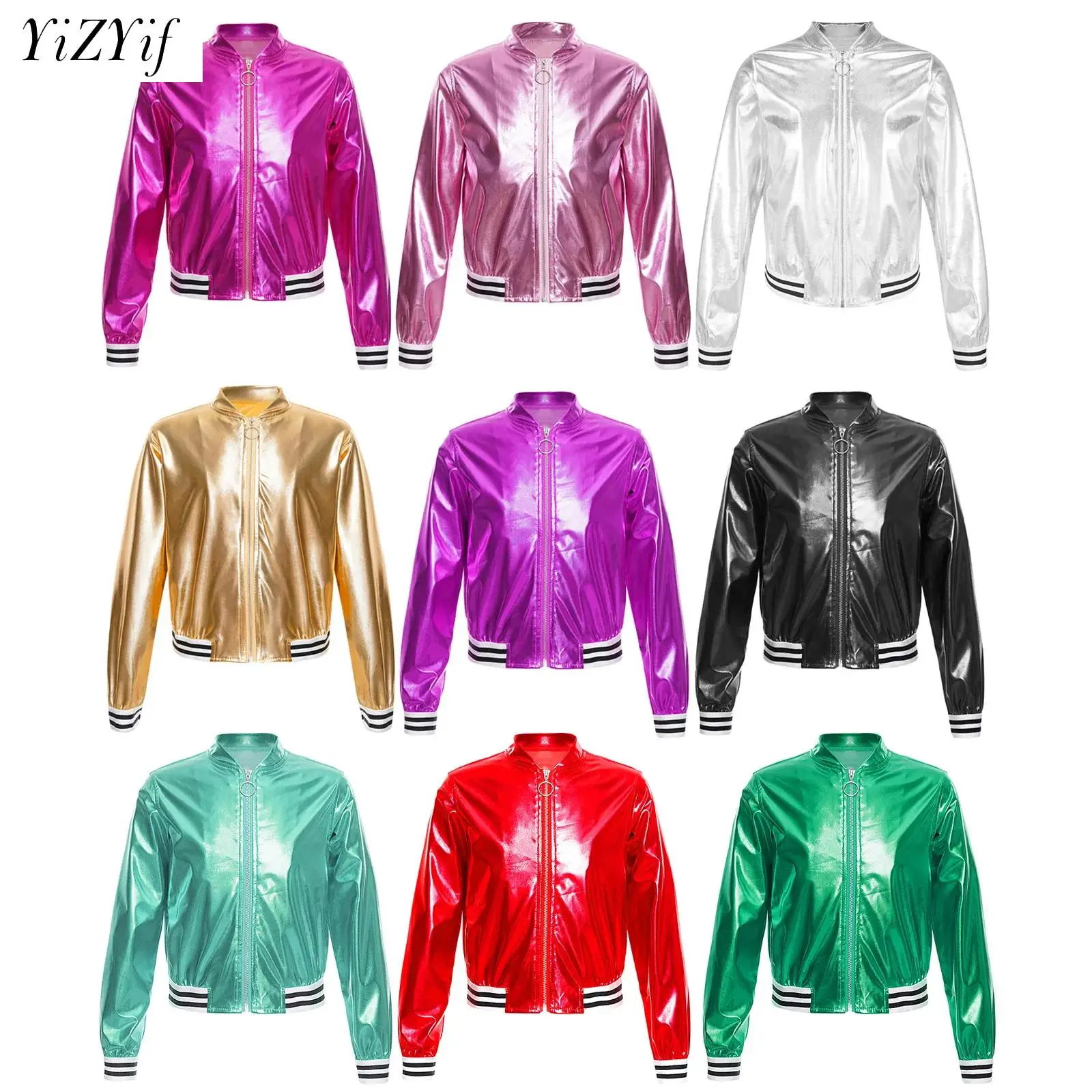 

Girls Shiny Hip-pop Jazz Dance Costume Metallic Bright Crop Jacket Coat Modern Performance Costume Carnival Party Dancewear