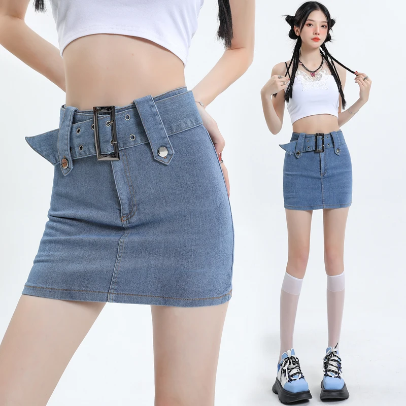 

Sexy Summer Bodycon Tight Wrapped Bud Denim Skirt Women Korean Fashion High Waist Pocket Belt Short Mini Skirt Girls Students