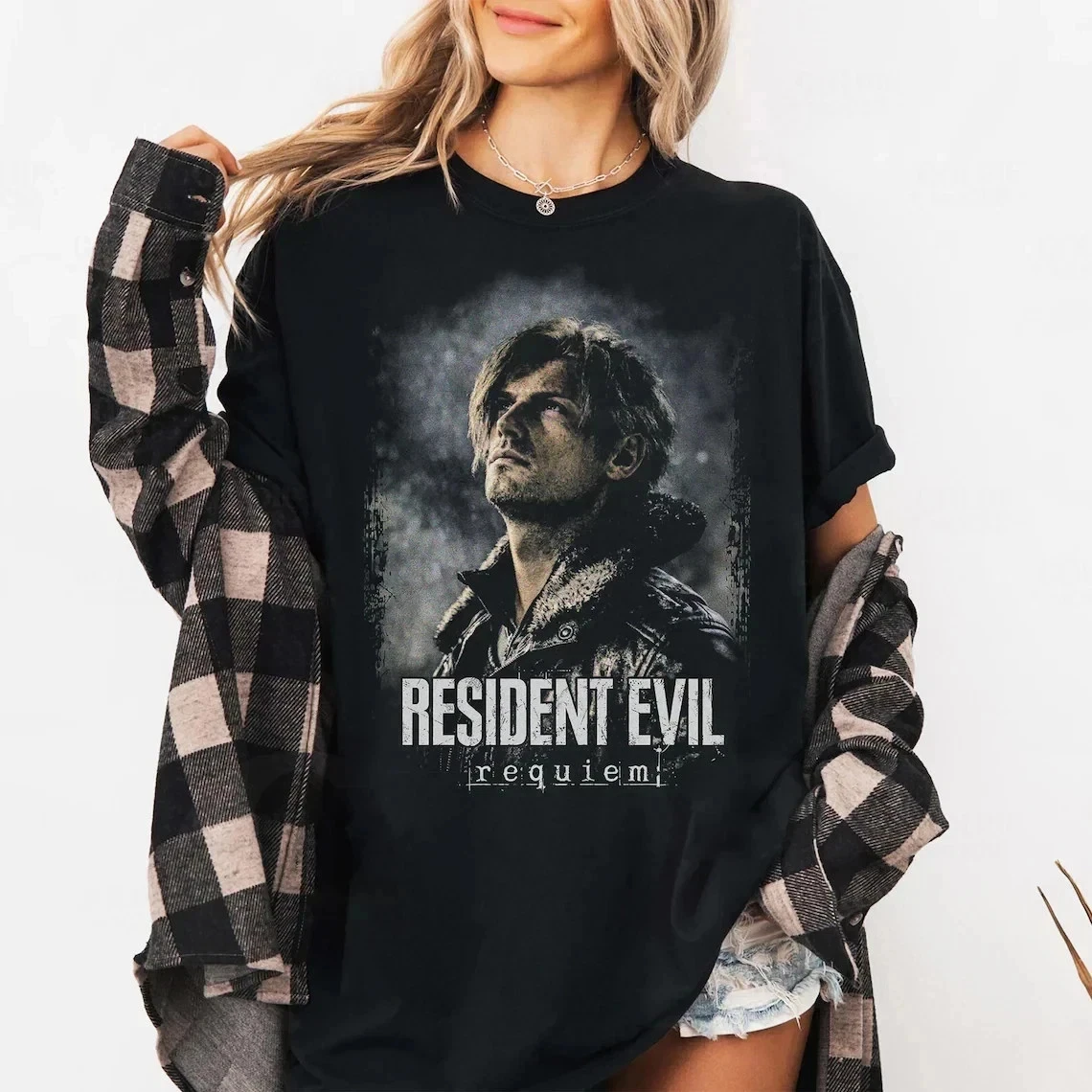 Resident Evil Requiem Leon Kennedy Graphic T‑Shirt Retro Distressed Game Print  Short Sleeve Unisex Streetwear Black Tee