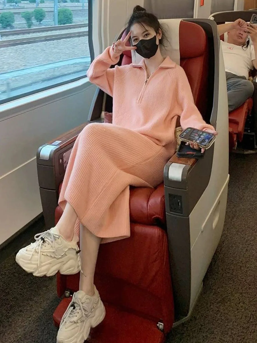 

Korean Stand Collar Female 2025 New Autumn Winter Wool Knitted and Calf Maxi Dress Fashion Waisted High-neck Dress CQ337