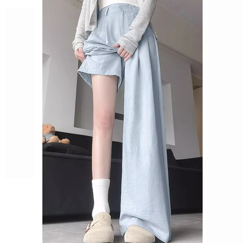 2025 ฤดูร้อนผู้หญิงเก๋ชุดกางเกงขากว้างหญิงผ้าไหมน้ําแข็งบาง Baggy Casual กางเกงเลดี้สีทึบ Basic กางเกงเอวสูง