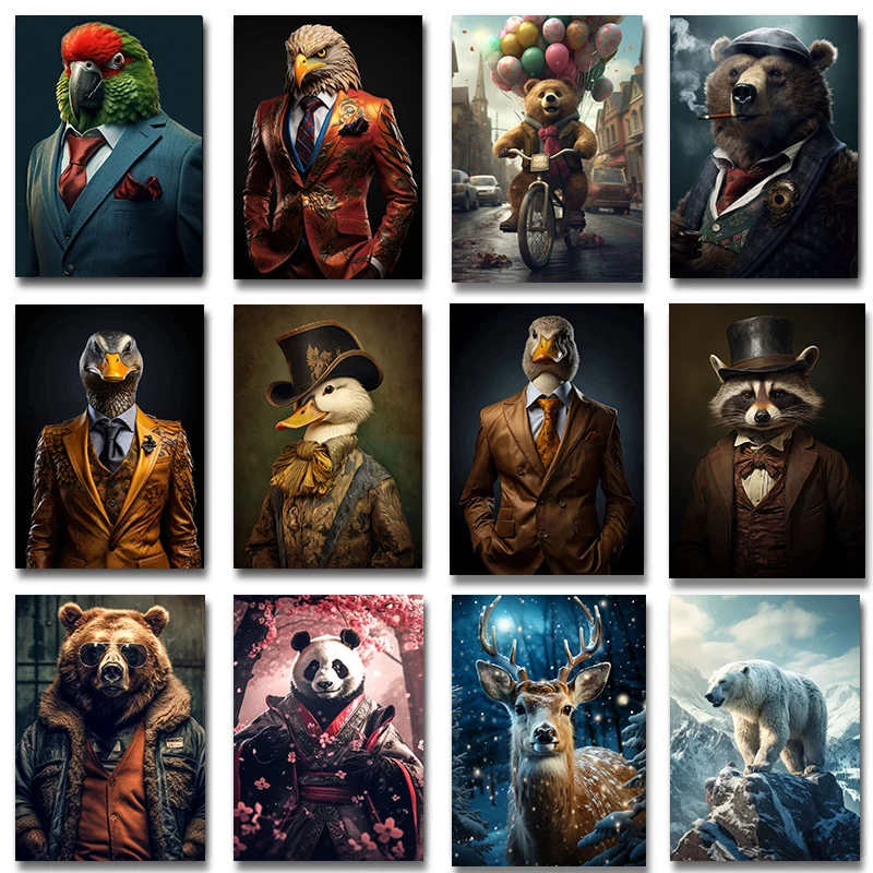 Funny Aristocrat Animal Poster Cat Suit Duck Eagle Panda Bear Raccoon Prints Canvas Painting Wall Art Pictures Room Home Decor