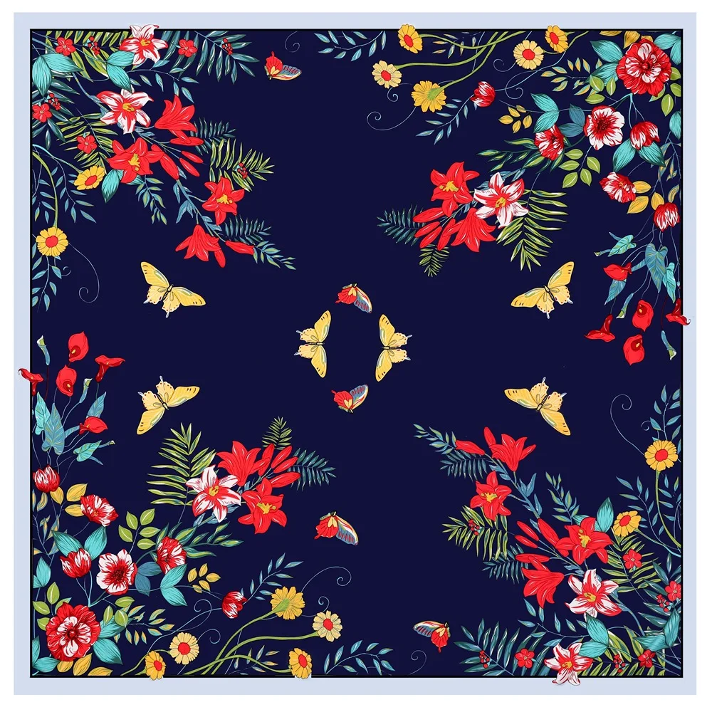 Silk Scarf Women Large Shawl Spring New Butterfly FPrint Stoles Square Bandana Luxury Kerchief Hijab Scarf Female Foulards 130CM