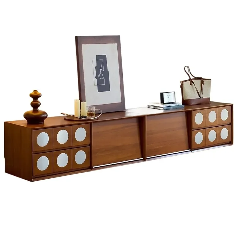 Retro Solid Wood TV Cabinet Storage Locker Integrated French Medieval Floor Standing Unit for Living Room Fixed Furniture