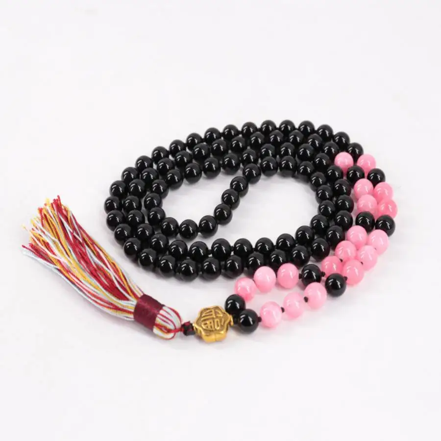 

Natural Black Onyx & Rose Quartz 108 Beads Mala Necklace with Fu Pendant & Colorful Tassel Healing Crystal Jewelry