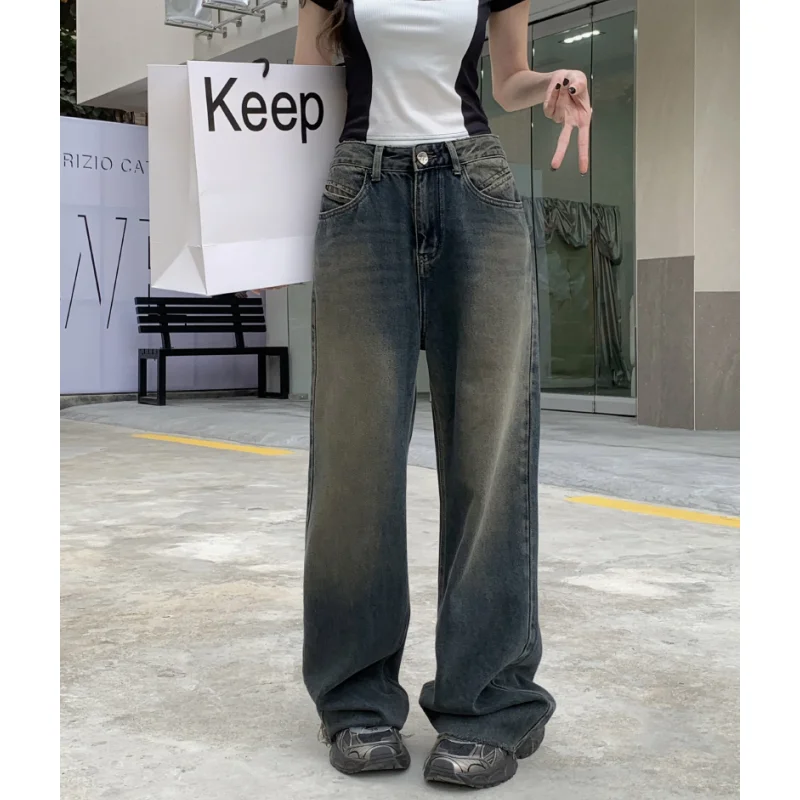 

Blue Women Jeans Vintage Fashion American High Waisted Mop Pants Wide Leg Jean Female Trouser 2024 Hip Hop Baggy Denim Pants