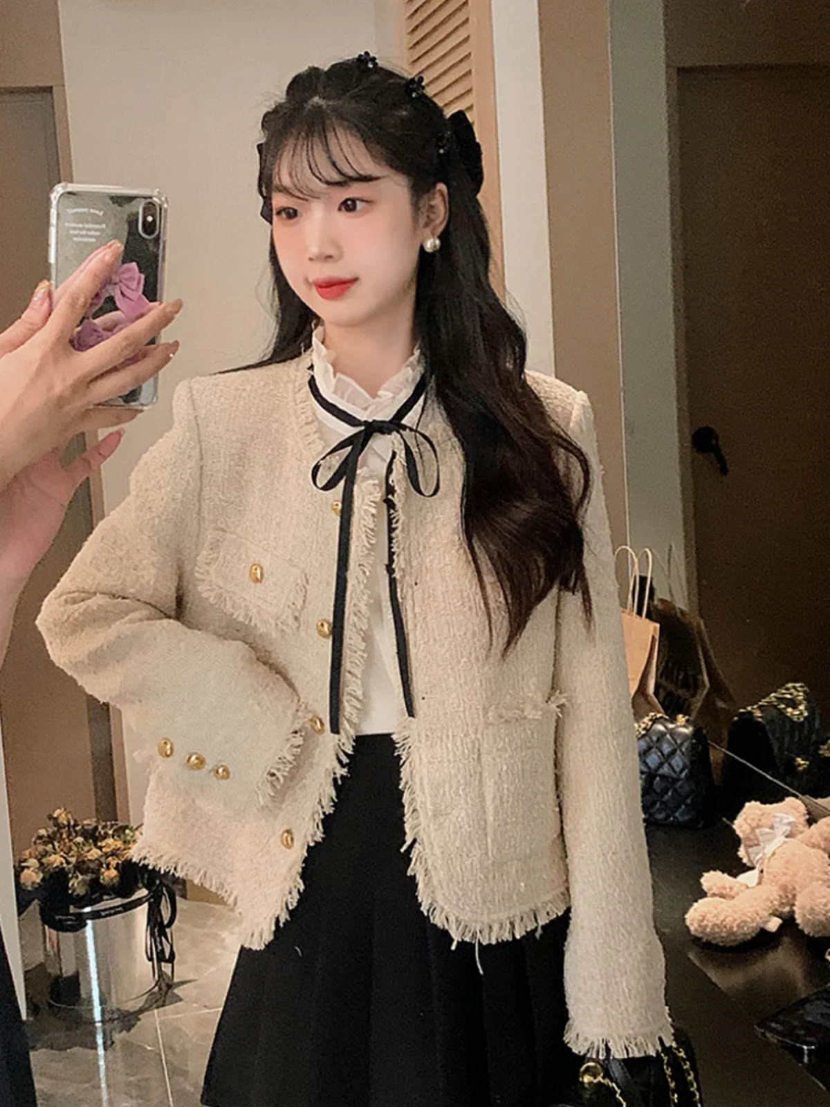 

ANLI Cry Ele round Ne Slit Little Bla Dr Sle Long Sve Top High-End Feeling Autumn Winter Loose Fit Ja...