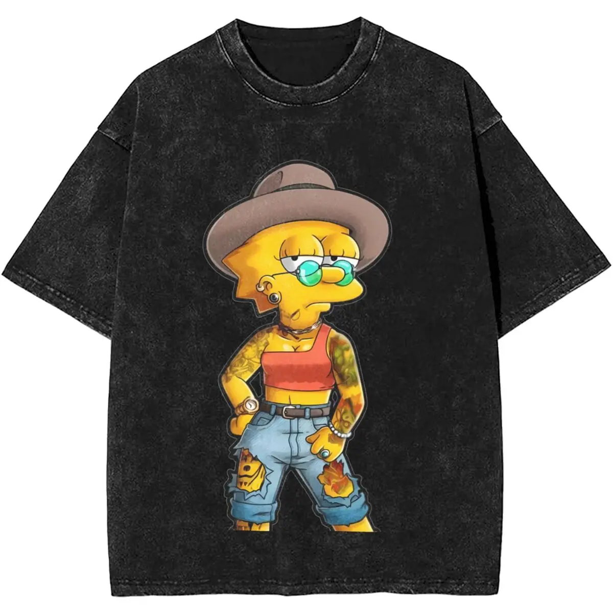 

Lisa Simpson Cool Face Washed T-Shirt Male Aesthetic Casual T Shirts Summer O Neck Trendy Cool Tee Shirt Print Big Size Clothing