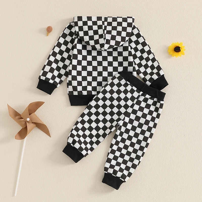 Toddler Boy Checkered Outfit Long Sleeve Zip Up Hoodie Elastic Waist Pants with Pockets 2 Piece Set